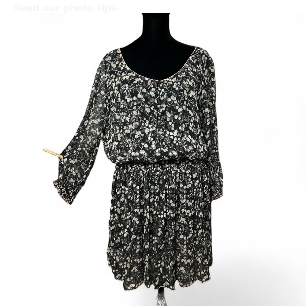 POUPETTE St BARTH Floral Black & Pink Dress  3/4 Sleeves Smocked Waist 100%Silk